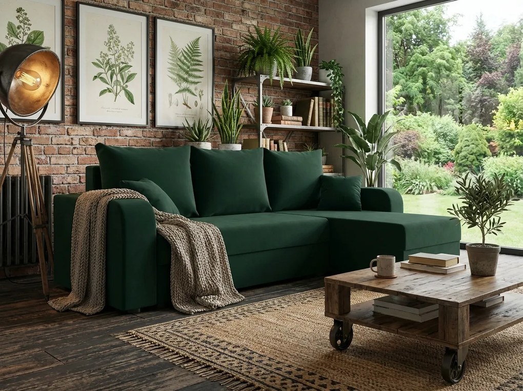 Coltar extensibil de colt VALERIO, verde inchis, reversibil, 238x140 cm + 2 perne GRATUIT