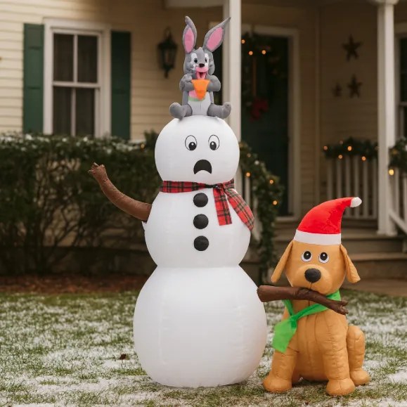 Om de zăpadă gonflabil cu câine și iepuraș LED - 180 cm