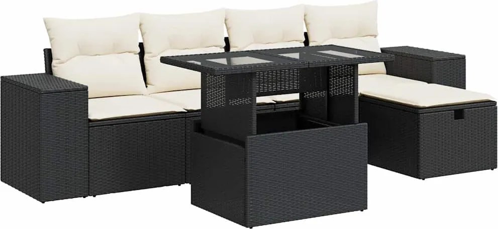 vidaXL Set mobilier de grădină cu perne, 6 piese, negru, poliratan