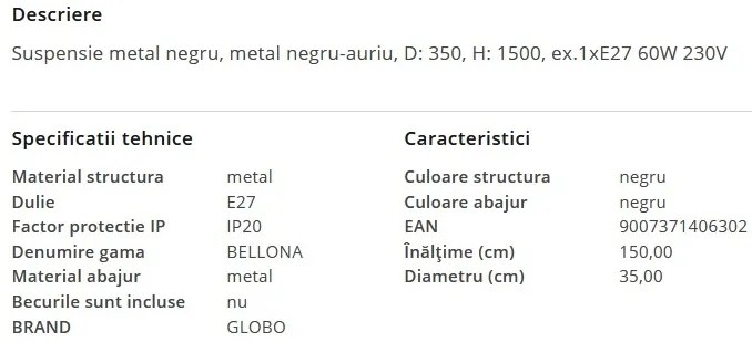 Lustra/ Pendul metal negru/auriu BELLONA
