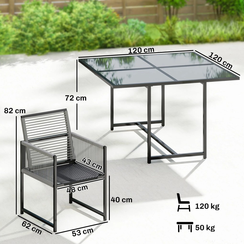 Outsunny Set mobilier grădină 5 piese masă din sticlă cu 4 scaune respirabile, spătare rabatabile, împletitură din sfoară | Aosom Romania