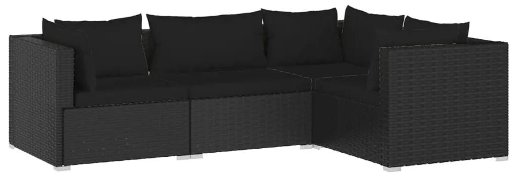 Set mobilier de gradina cu perne, 4 piese, negru, poliratan Negru, 3x colt + mijloc, 1