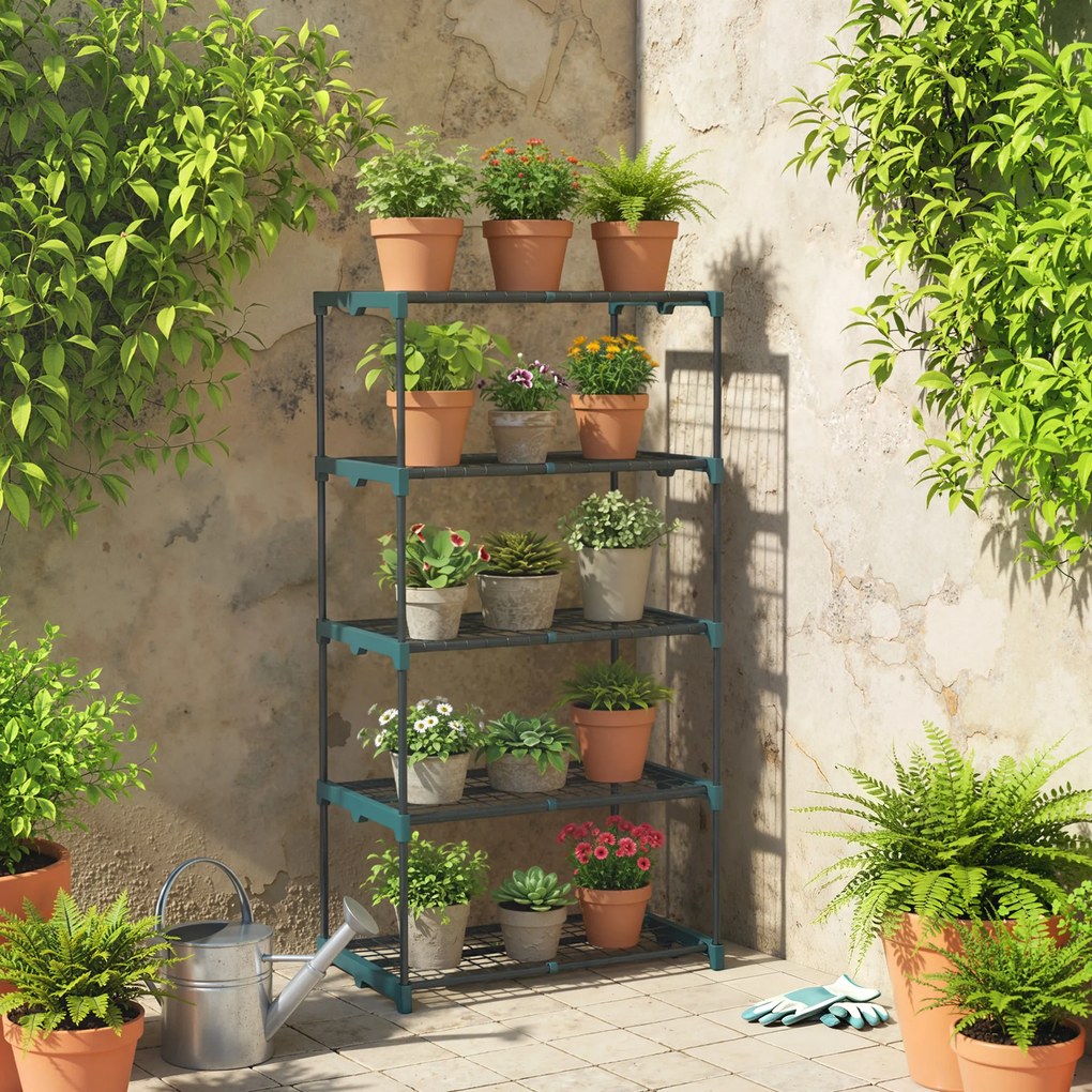 Outsunny Suport pentru Plante Vertical cu 5 Niveluri din Oțel și Plastic, Suport Ghivece pentru Interior și Exterior Grădină Balcon, 67x49x138 cm, Verde Închis | Aosom Romania