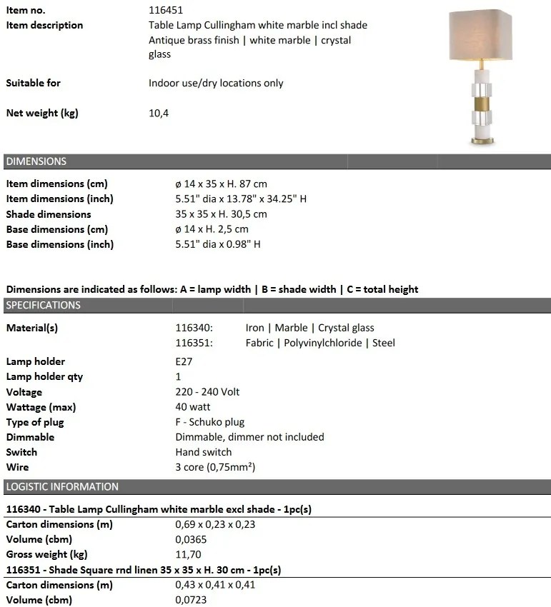 Veioza/ lampa de masa LUX Cullingham, alama antic/ alb