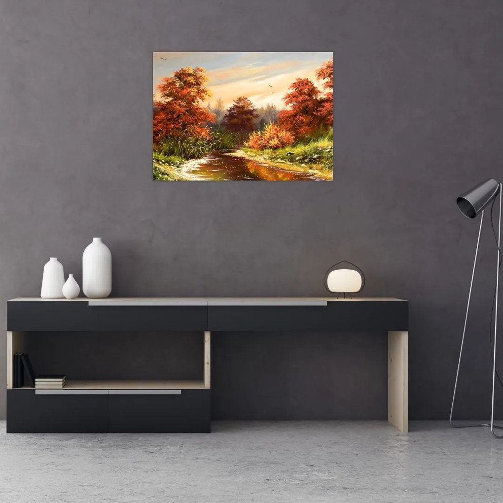 Tablou pe sticlă - Râu în peisaj de toamnă (70x50 cm)