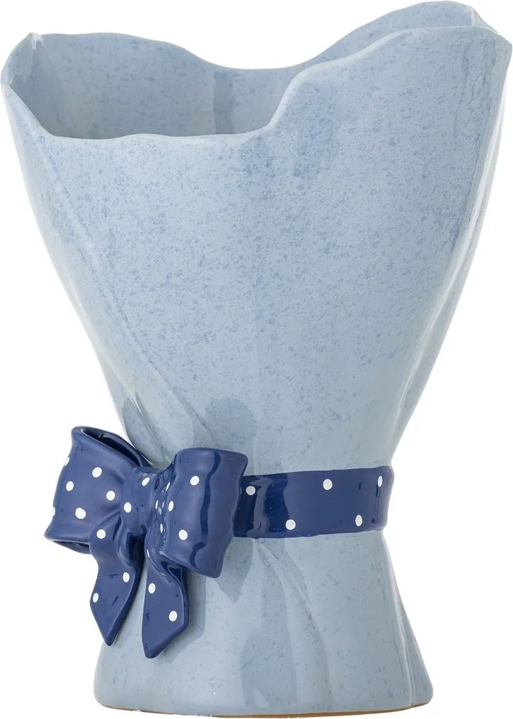 Vază din ceramică artizanală, albastru, cu formă ondulată și fundiță decorativă cu buline, 19,5x28,5 cm, „Belivia"