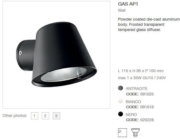 Aplica de exterior cu protectie IP43 GAS AP1 NERO 020228