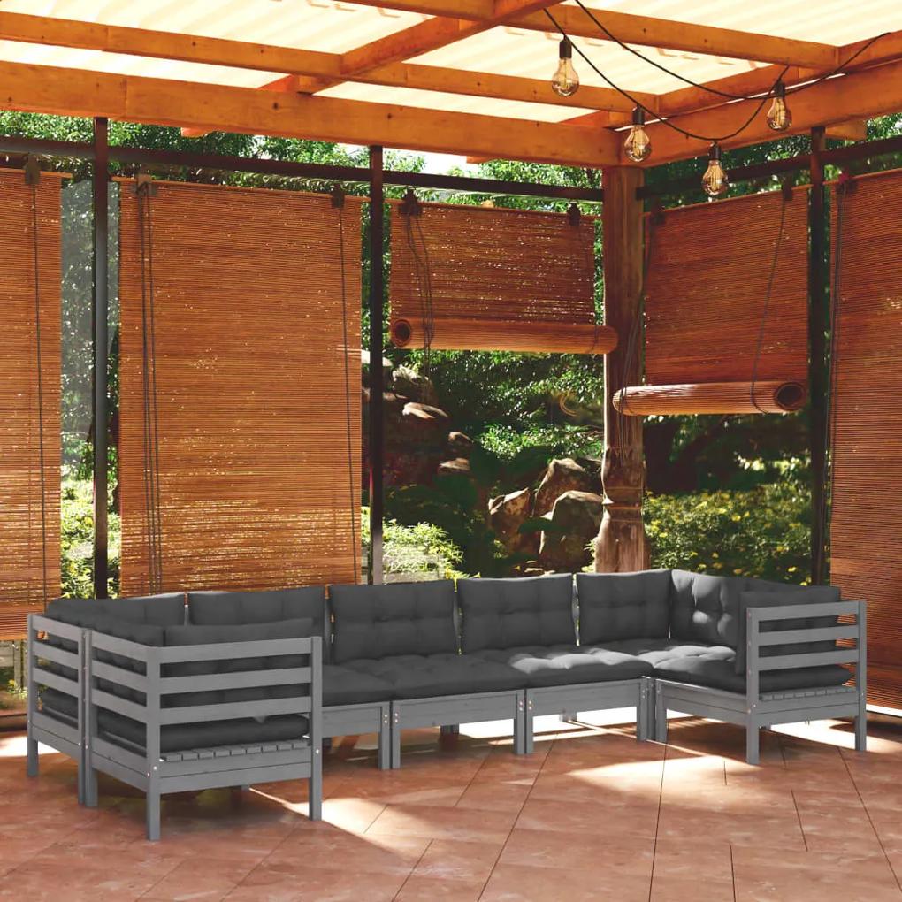 3097309 vidaXL Set mobilier de grădină cu perne, 7 piese, gri, lemn masiv pin