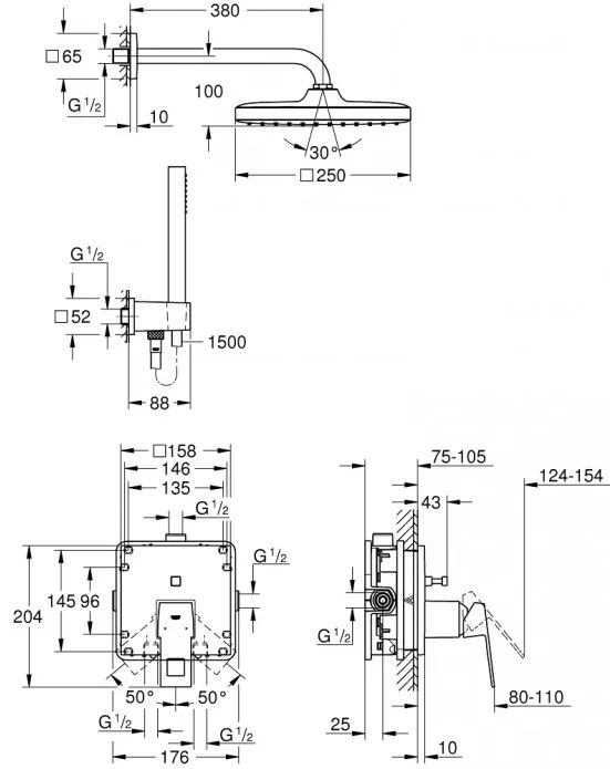 Sistem de dus incastrat, Grohe Eurocube Perfect, cu para Euphoria Cube Stick si palarie dus Tempesta 250 Cube, crom, 25239000