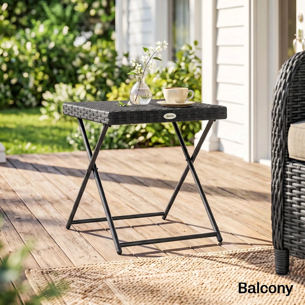 Outsunny Masuta pentru Gradina Pliabila din Ratan Sintetic si Otel, Masuta pentru Exterior Economie Spatiu 40x40x40cm, Negru