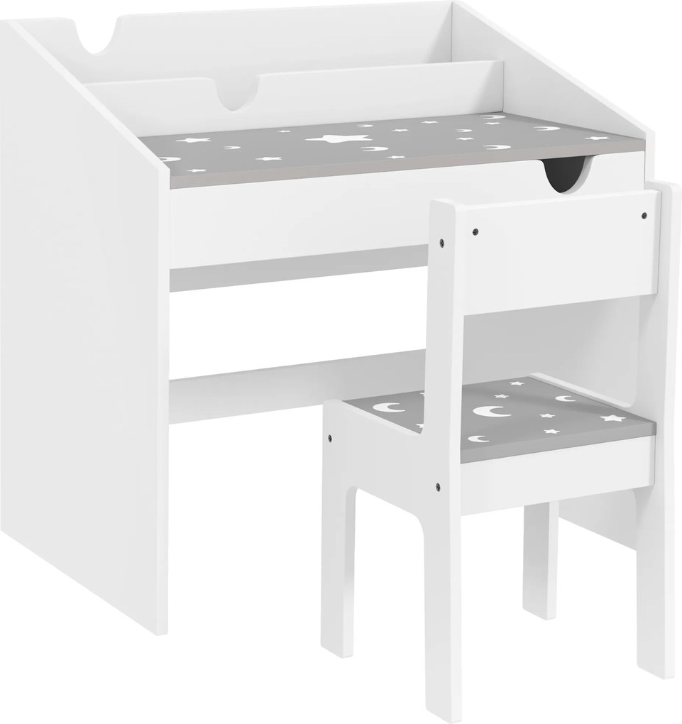 Set AIYAPLAY de Scaun și Masă pentru Copii 3-6 Ani cu Organizator și Sertar Retractabil, din Lemn Gri | Aosom Romania