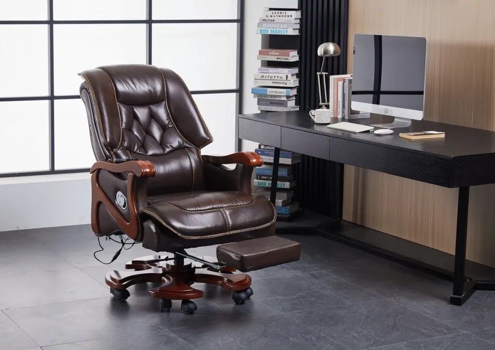 Regal Confort – Scaun directorial din Piele Naturală si Lemn Masiv, Masaj in 7 puncte, Funcție Încălzire, Înclinare 135°, Suport Picioare Extensibil, Sezut cu Arcuri, Telecomandă, Maro