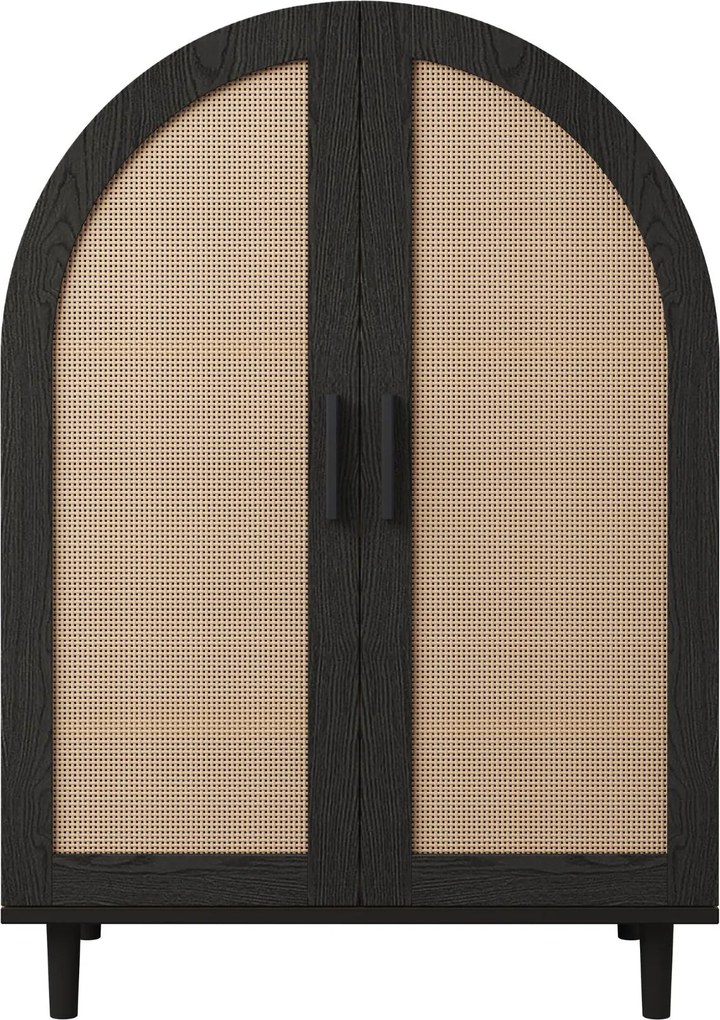 Dulap pentru pantofi cu exterior rotunjit, uși din ratan decupate și 3 rafturi, 70x40x100 cm, Culoare naturală+Negru