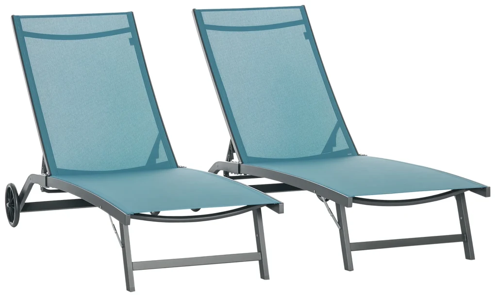 Outsunny Set de 2 Șezlonguri Rabatabile pe 5 Niveluri, Șezlonguri din Aluminiu și Țesătură Respirabilă, 66x165x102 cm, Albastru | Aosom Romania