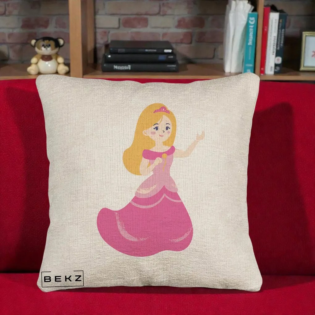 Perna Personalizata Printesa Roz cu Microfon, 40x40 cm, Bej Canapea, Husa Detasabila, Perna Inclusa, BEKZ®