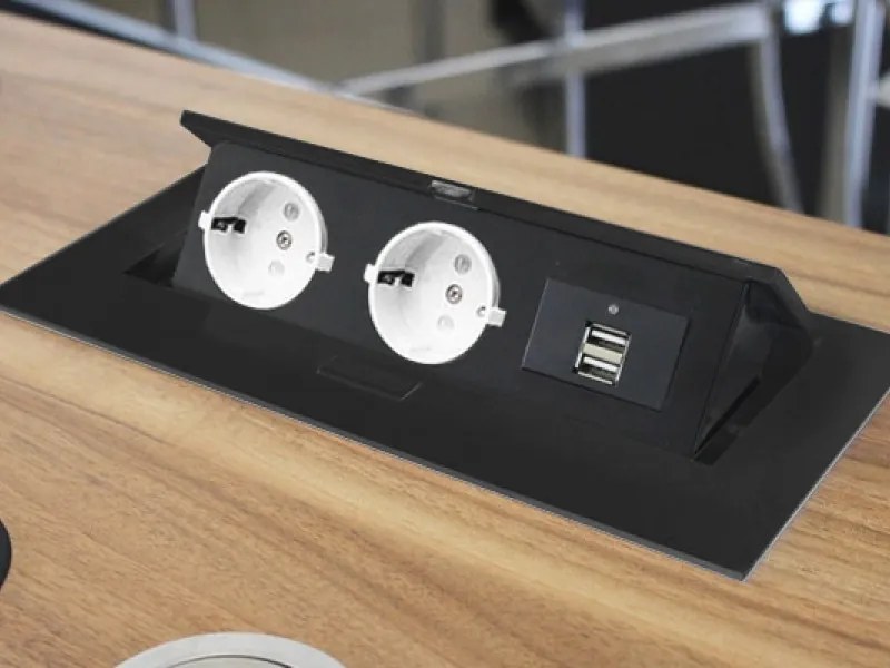 Priza incastrabila dreptunghiulara, 2 prize scuko + 2 USB 5V 2.1A, fara cablu, neagra, prize albe, GTV