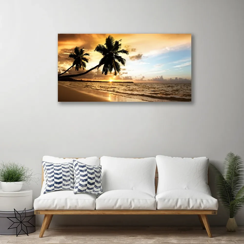 Tablou pe panza canvas Palm Trees Sea Beach Peisaj Galben Negru Albastru
