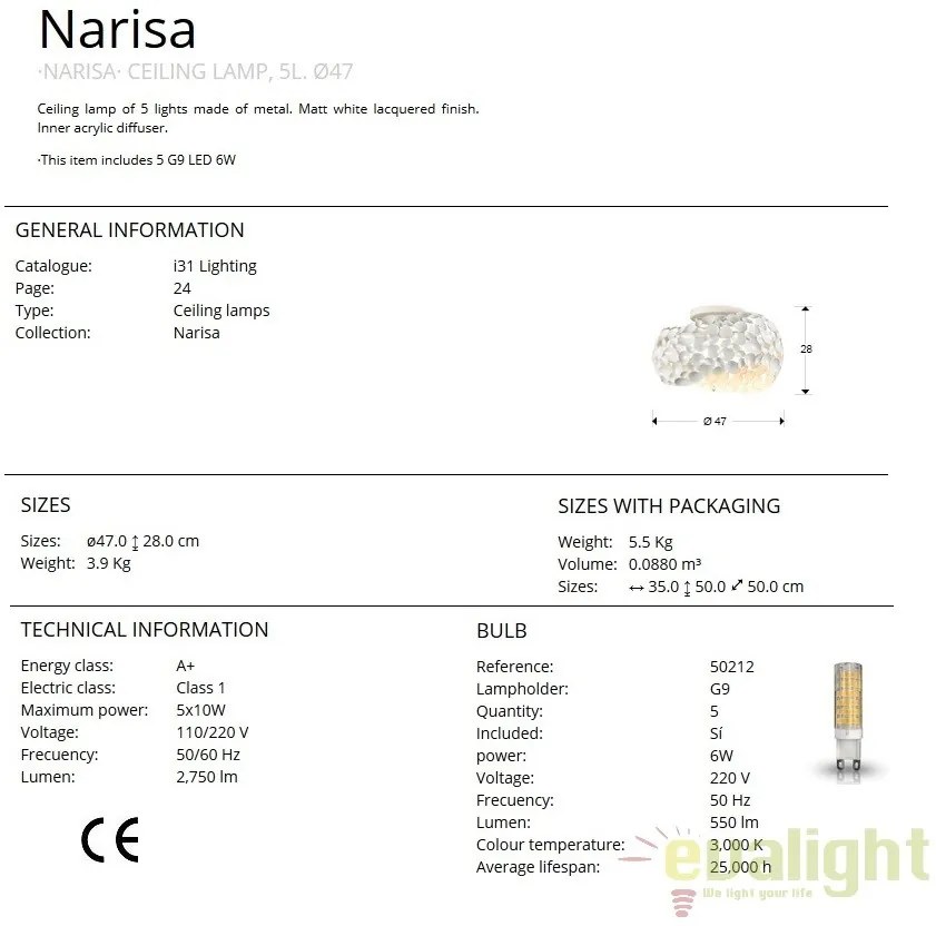 Plafoniera LED design modern diam.46cm Narisa alb