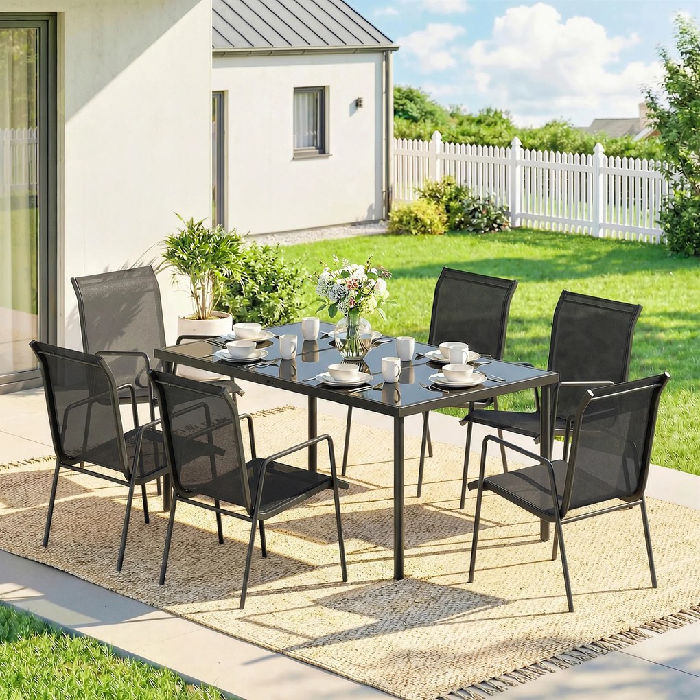 Outsunny Set de Masă 7 Piese: Masă Dreptunghiulară și 6 Scaune Suprapozabile pentru Grădină | Aosom Romania