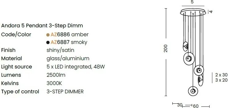 Lustra cu 5 pendule LED ANDORA 3-STEP DIMM fumuriu