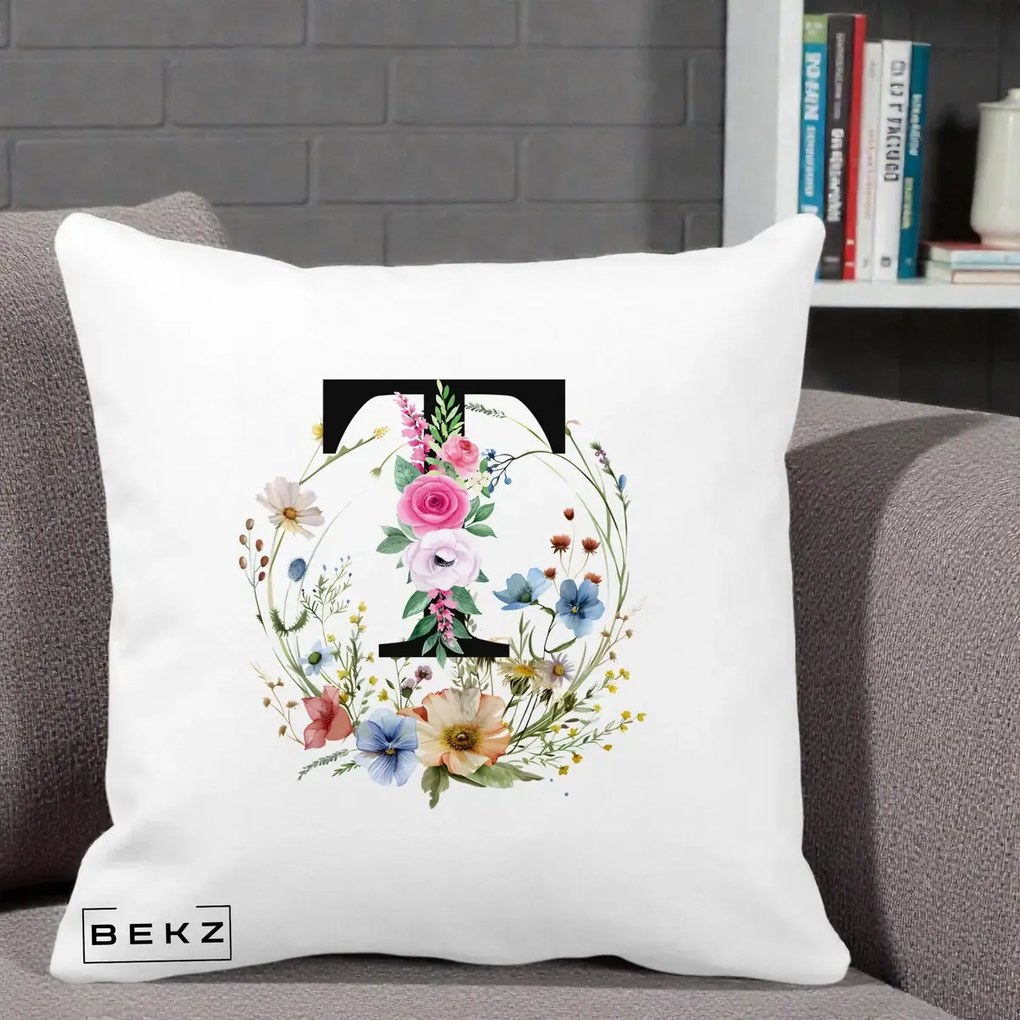 Cadou Personalizat - Perna Personalizata Monogram Litera T cu Flori Acuarela, 40x40 cm, Alba Mata, Husa Detasabila, Perna Inclusa, BEKZ®