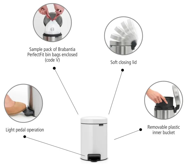 Cos cu pedala Brabantia NewIcon, 3 L, Inchidere usoara, Baza antiderapanta, Alb