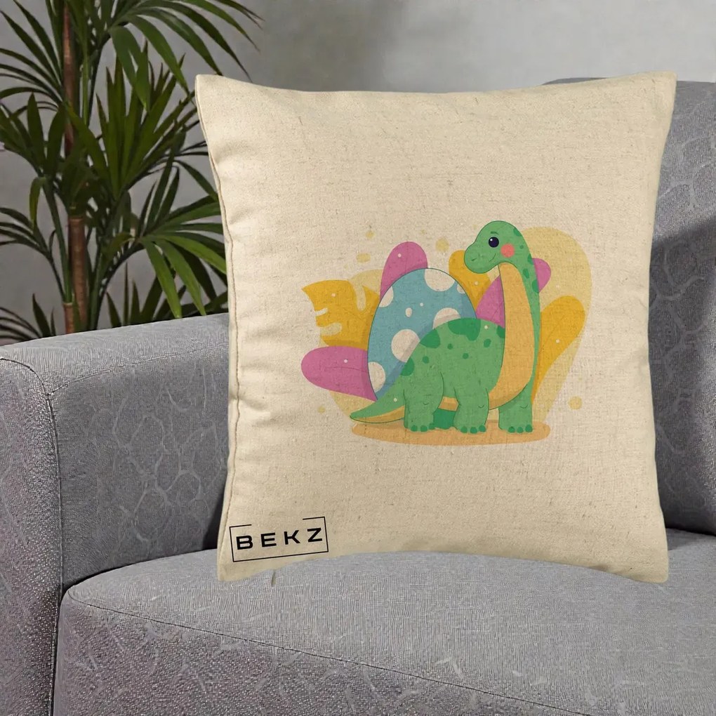Perna Personalizata Dinozaur cu Ou Pastelat, 40x40 cm, Bej, Husa Detasabila, Perna Inclusa, BEKZ®