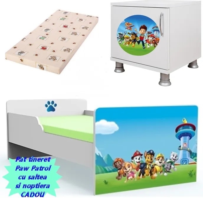 Pat tineret Paw Patrol cu saltea si noptiera CADOU