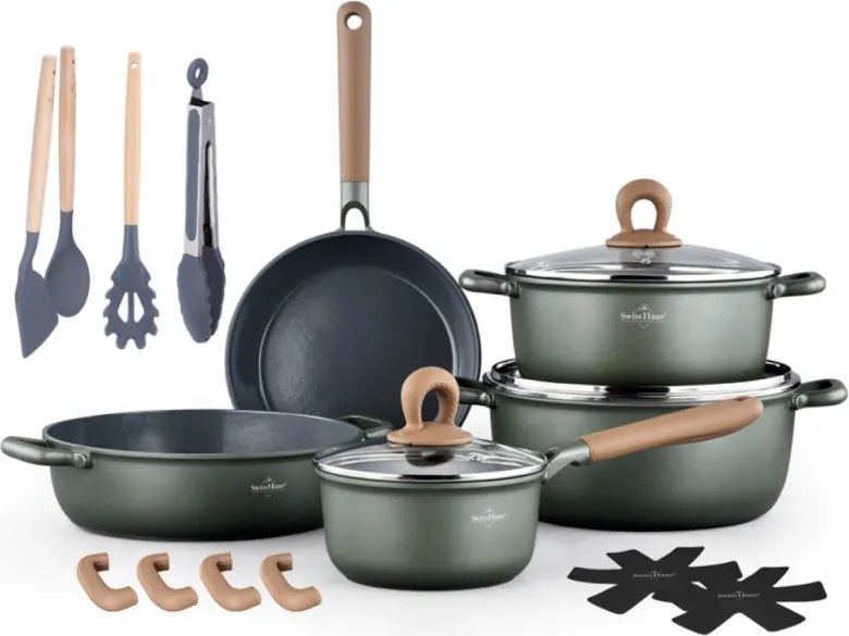 Set de oale si tigaie Swiss Haus SH-ZL3018G, 18 piese, Acoperire ceramica Sapphire, Fara PFAS, Inductie, Verde