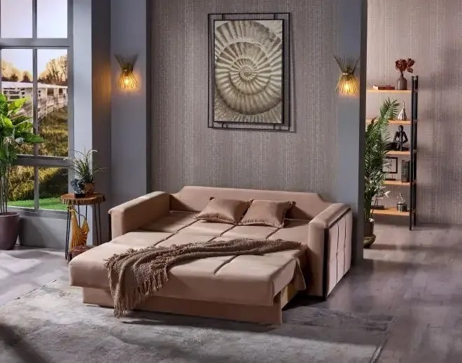 Canapea extensibila cu 3 locuri tip pat matrimonial cu lada de depozitare Atena,crem