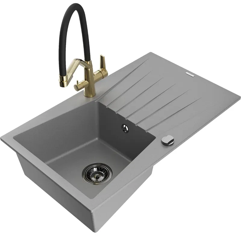 Mexen Cesar chiuvetă de granit cu un compartiment, cu picurător și baterie de bucătărie Duo, Gri - 6514-71-671701-57-B