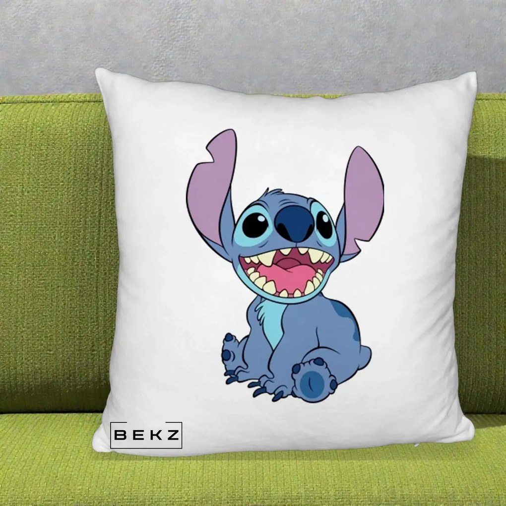 Perna Personalizata Stitch Zambitor, 40x40 cm, Alb Pufos, Husa Detasabila, Perna Inclusa, BEKZ®