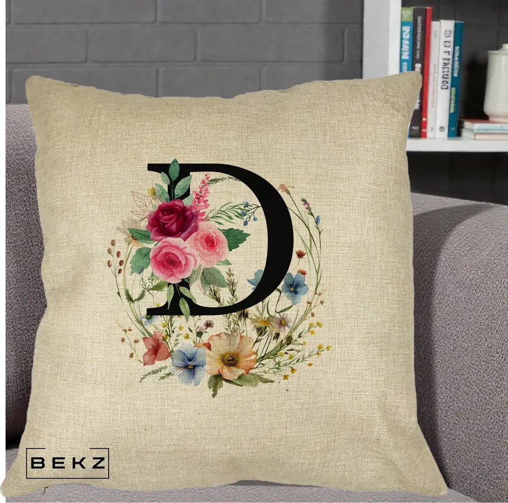 Cadou Personalizat - Perna Personalizata Monogram Litera D cu Flori Acuarela, 40x40 cm, Crem, Husa Detasabila, Perna Inclusa, BEKZ®