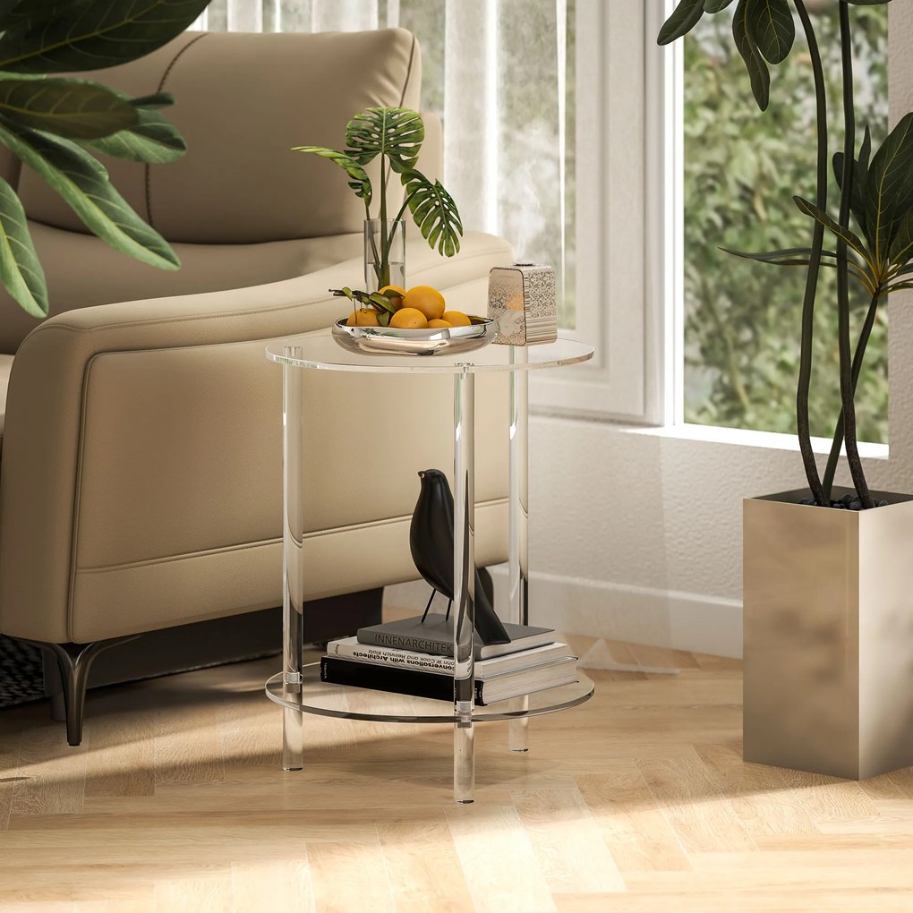HOMCOM Măsuță Joasă Rotundă cu 2 Niveluri pentru Interior, Măsuță de Cafea din Acrilic, Ø40x50 cm, Transparentă | Aosom Romania