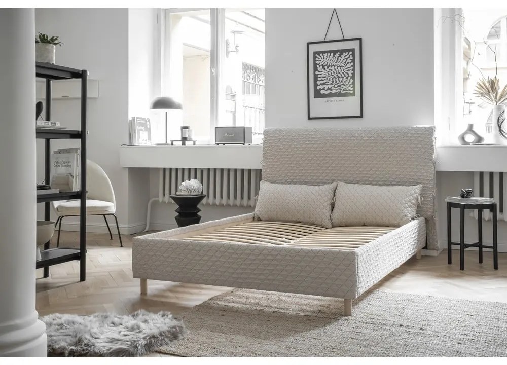 Pat matrimonial bej tapițat și somieră 160x200 cm Sleepy Luna – Miuform