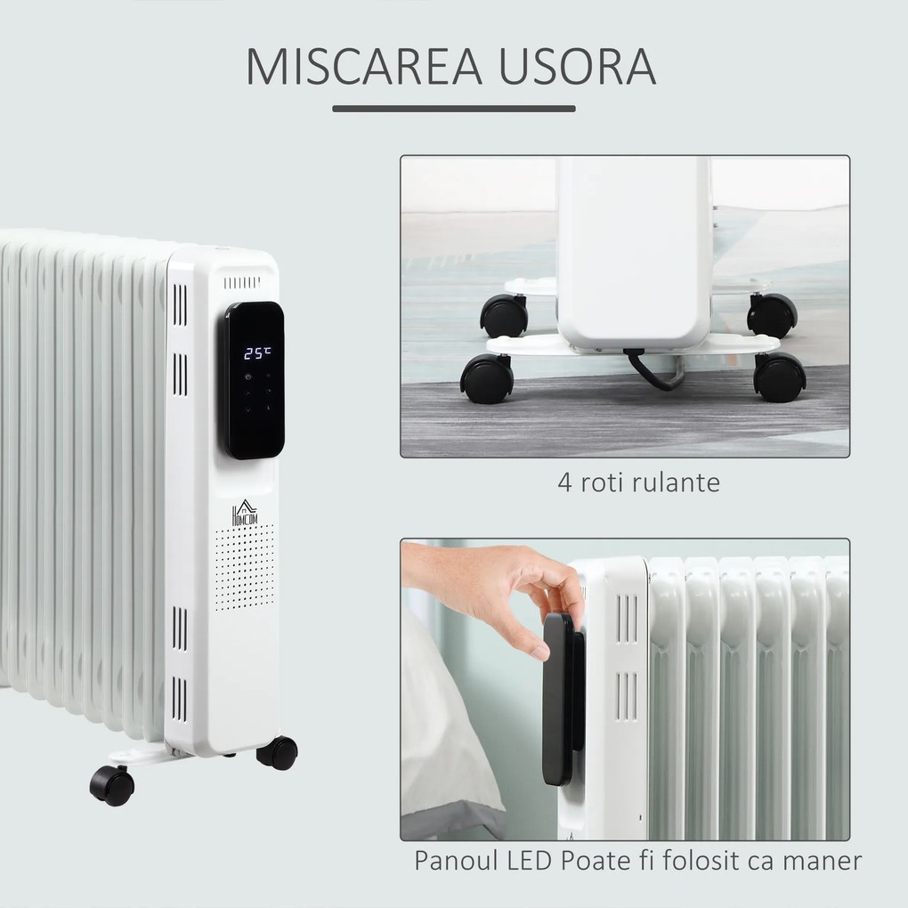 Radiator cu Ulei 11 Elementi, 3 Nivele de Incalzire, Timer si Temperatura Reglabila, 50.5x24x63cm, Alb HOMCOM | Aosom RO