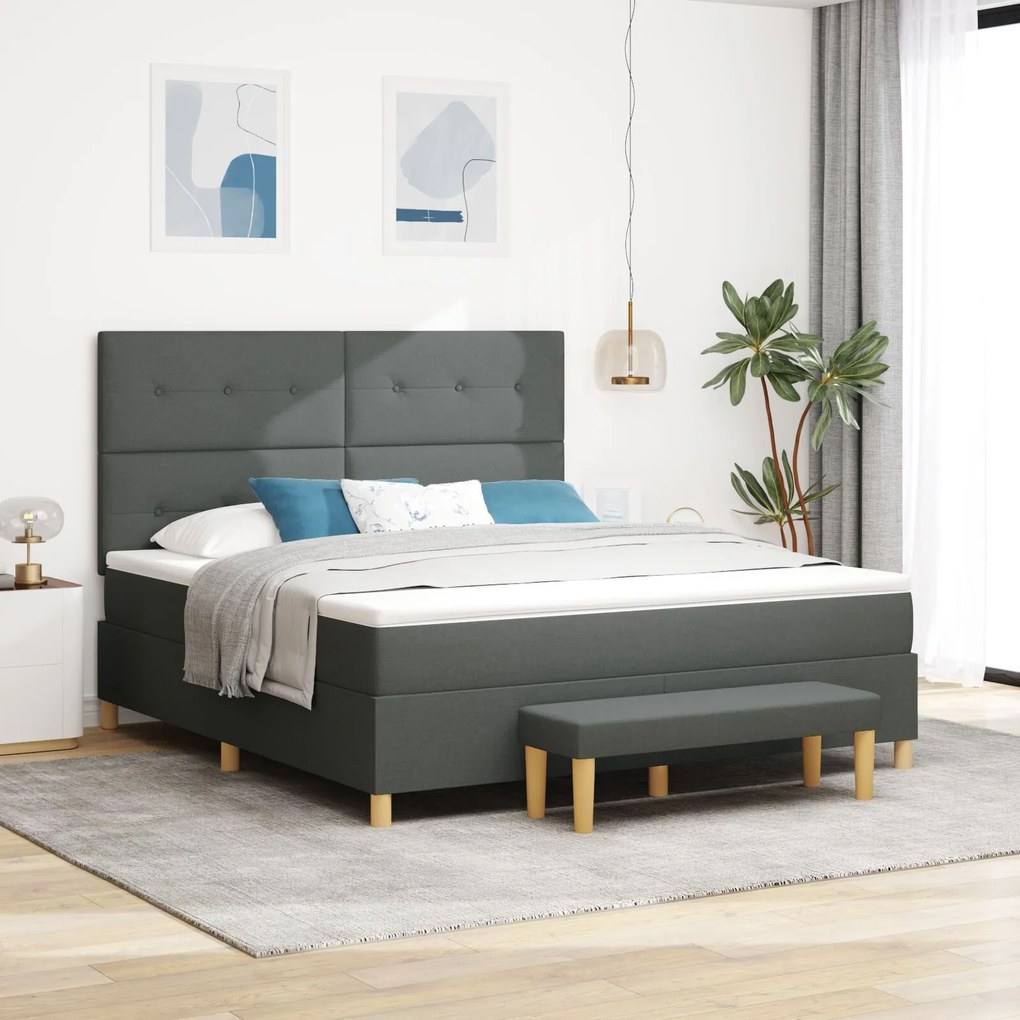vidaXL Pat cu Arcuri cu Saltea &amp; Bancă Gri închis 180x200 cm Țesătură