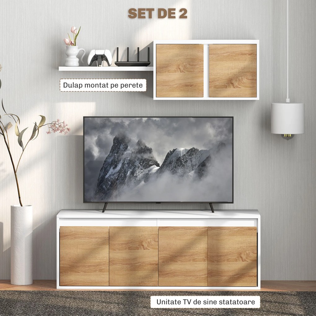 HOMCOM Set Mobilier TV și Dulap Suspendat cu 7 Rafturi și Raft Deschis, Mobilier pentru TV din PAL, 120x41x43,3 cm, Alb | Aosom Romania