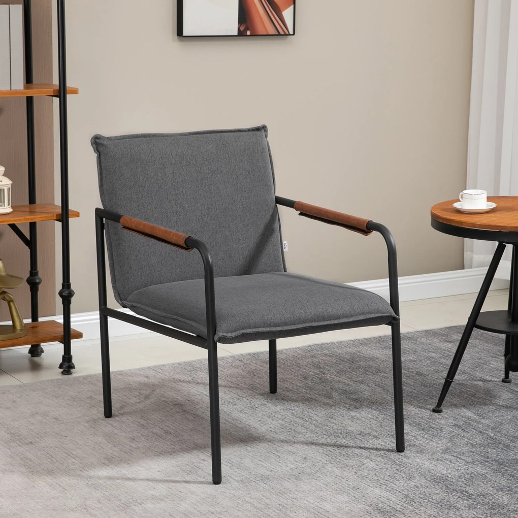 Scaun industrial capitonat HOMCOM, fotoliu tapitat, scaun de living cu brate invelite in piele PU si picioare din otel, gri | Aosom RO