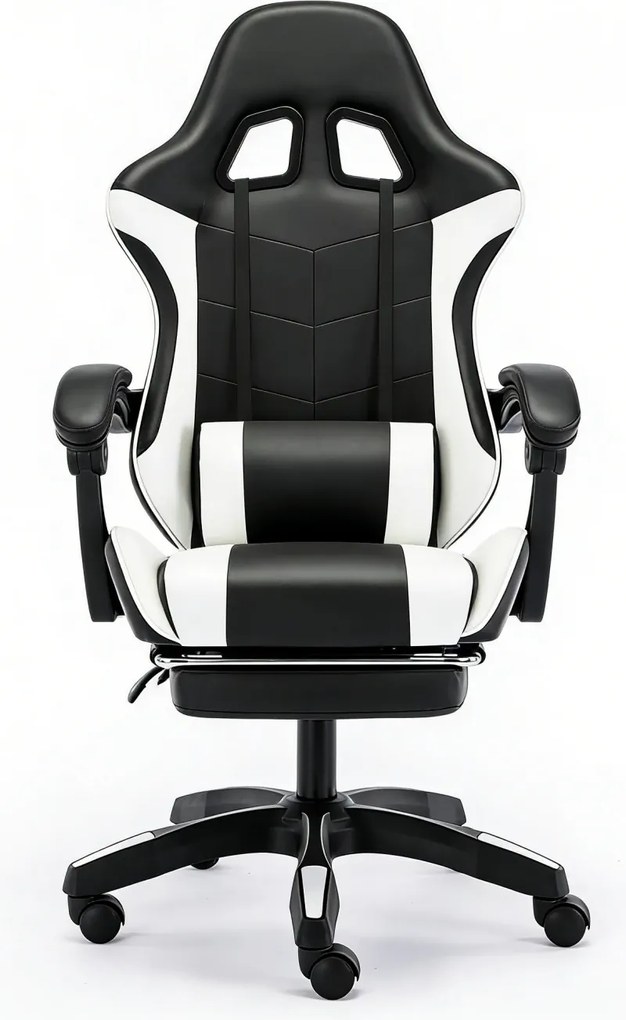 Scaun gaming, Masaj în perna lombară, Rabatabil 90-145°, Suport picioare, piele PU, Negru/Alb