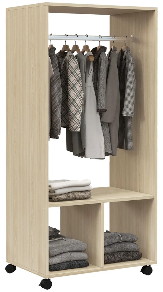 HOMCOM Dulap dressing cu rafturi 2 compartimente cu 4 rotile pivotante dim. 60L x 40l x 128H cm lemn natural | Aosom Romania