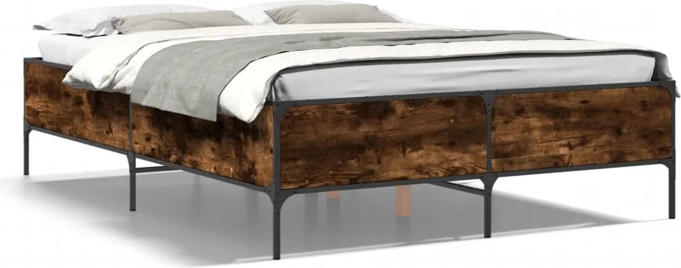vidaXL Cadru de pat, stejar fumuriu 120x200 cm lemn prelucrat și metal