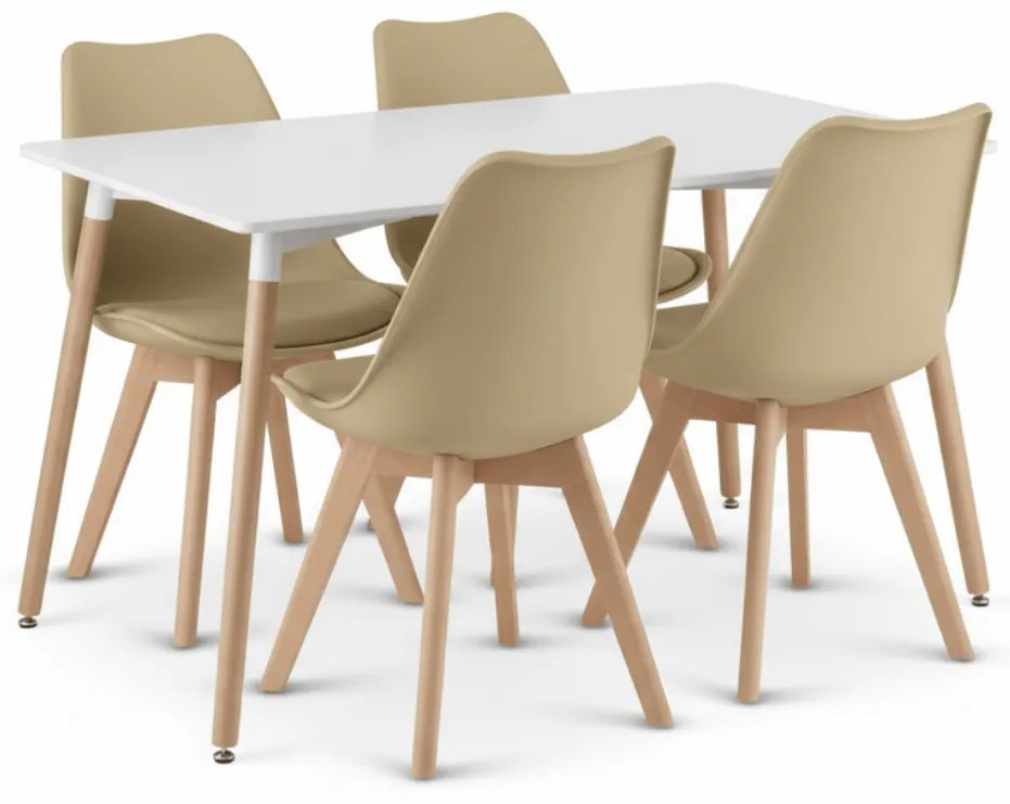 Set de masa 1 + 4, masa alba ADRIA 120x80 cm + scaun bej BALI MARK cu picioare din lemn de fag