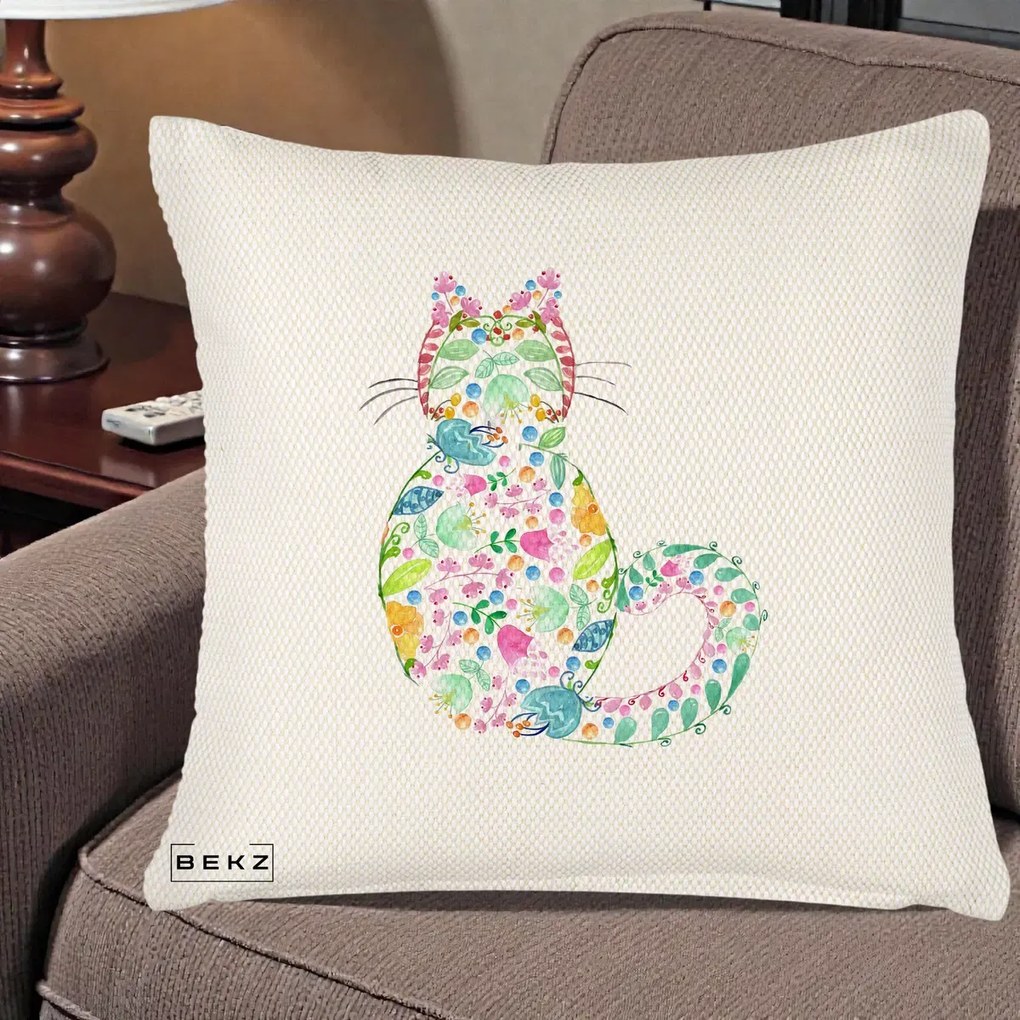 Perna Decorativa Pisica Florala Acuarela, 40x40 cm, Crem Reliefat, Husa Detasabila, Perna Inclusa, BEKZ®