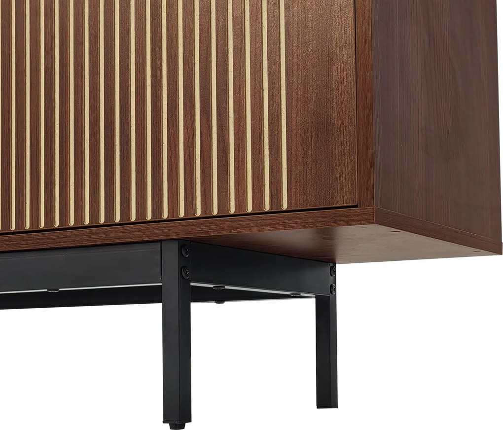 TV-Lowboard cu iluminare LED, 3 uși cu textură sculptată, mult spațiu de depozitare, 200x35x53 cm, Culoare naturală