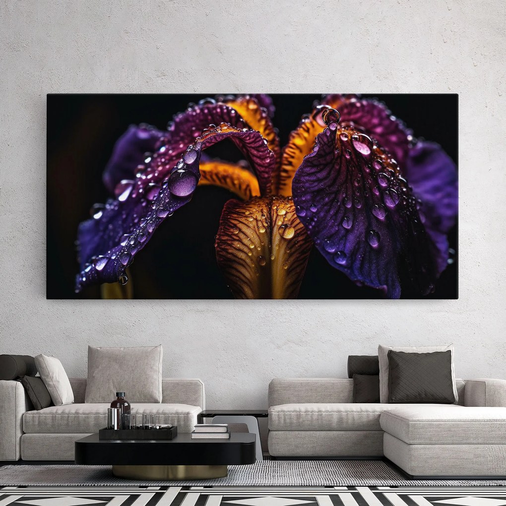 Tablou Canvas, 50x100cm, Dormitor si Living, Flori, Iris, Dark Iris After Rain