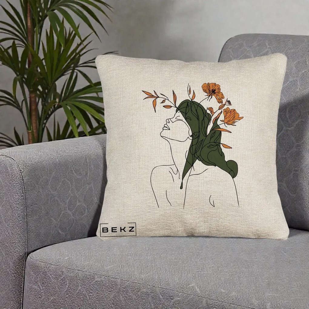 Perna Decorativa Portret Feminin Profil Flori Portocalii, 40x40 cm, Bej Canapea, Husa Detasabila, Perna Inclusa, BEKZ®