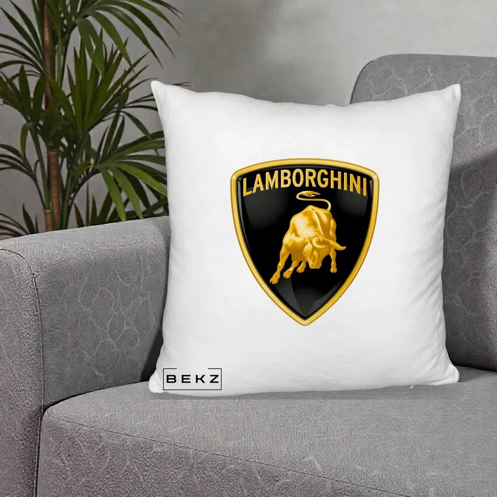 Perna Personalizata cu emblema Lamborghini, 40x40 cm, Alb Pufos, Husa Detasabila, Perna Inclusa, BEKZ®