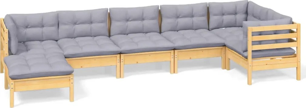 vidaXL Set mobilier grădină cu perne gri, 7 piese, lemn masiv de pin