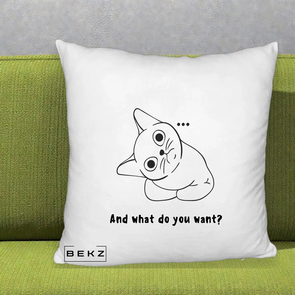 Perna Decorativa And What Do You Want Cat, 40x40 cm, Alb Pufos, Husa Detasabila, Perna Inclusa, BEKZ®